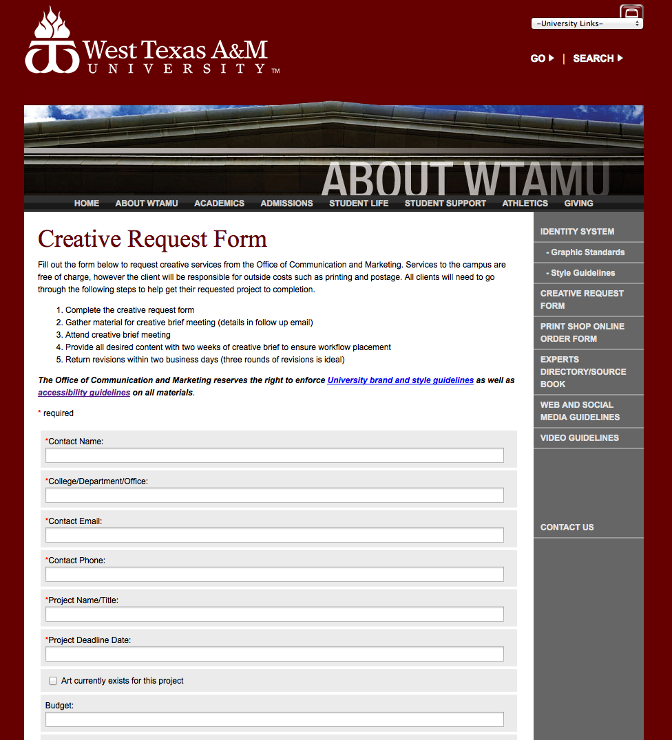University Departments and Colleges: wtamu.edu/CreativeRequest