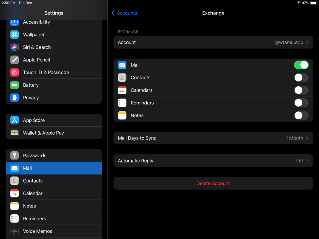 Select the Account used for your WTAMU email and Click Delete Account
